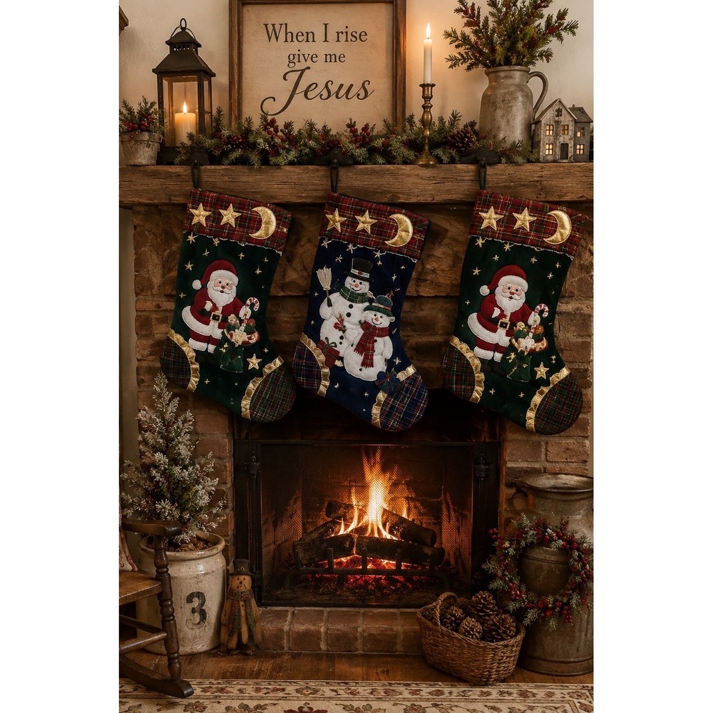 Set of 3 Vtg Country Christmas Velvet Stockings Santa Snowman Plaid Embroidered